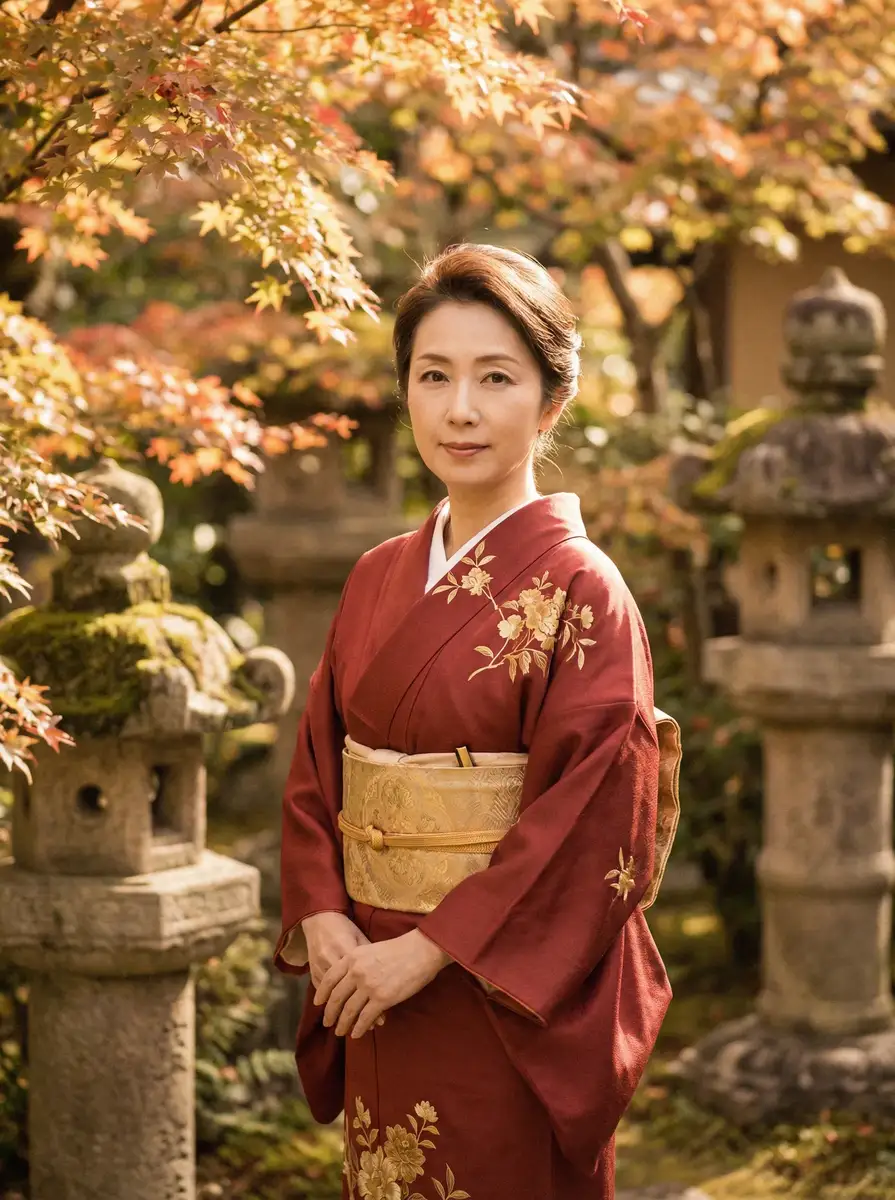 一位身穿暗红色和服的优雅 暖暖 免费高清 日本 在日式庭院中