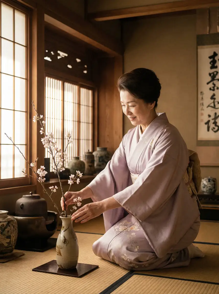 一位优雅的 暖暖 免费高清 日本 在和室中插花